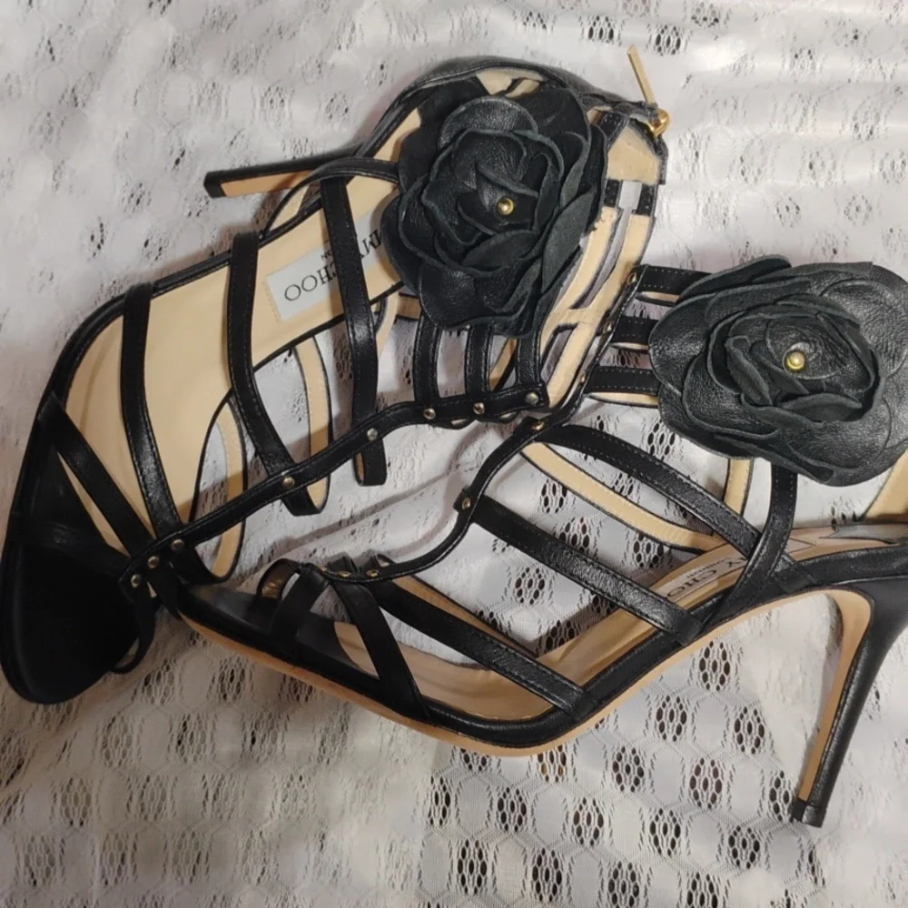 Authentic Jimmy Choo Black Leather Opaque Flower Cage Sandals - Picture 11 of 13